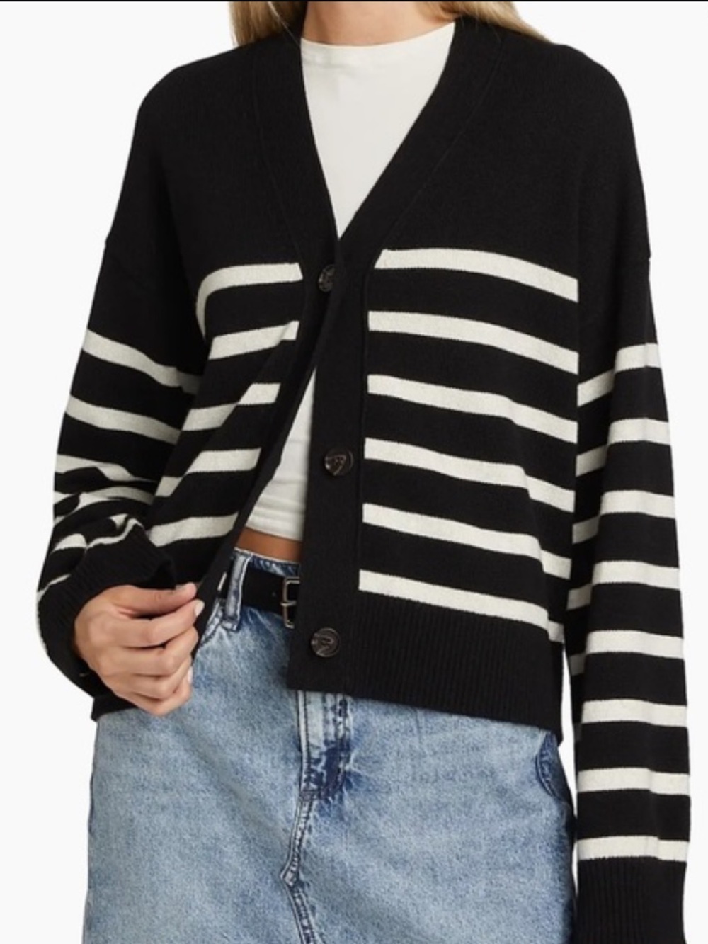 Rails Geneva Stripe Cardigan in Black/Oatmeal Stripe. M